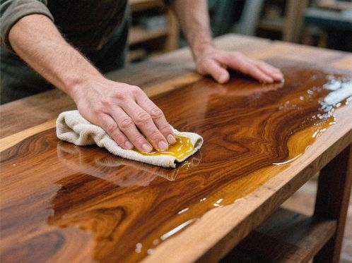 Påføring af møbelolie på en træoverflade