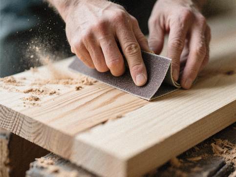 Nærbillede af hånd der sliber træ med sandpapir